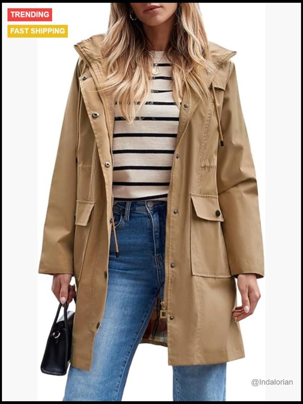 Waterproof Rain Jacket Long Trench Coat Hooded Windbreaker Polyester